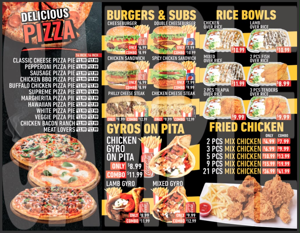 Full menu: pizza, burgers, subs, gyros, rice bowls and fried chicken